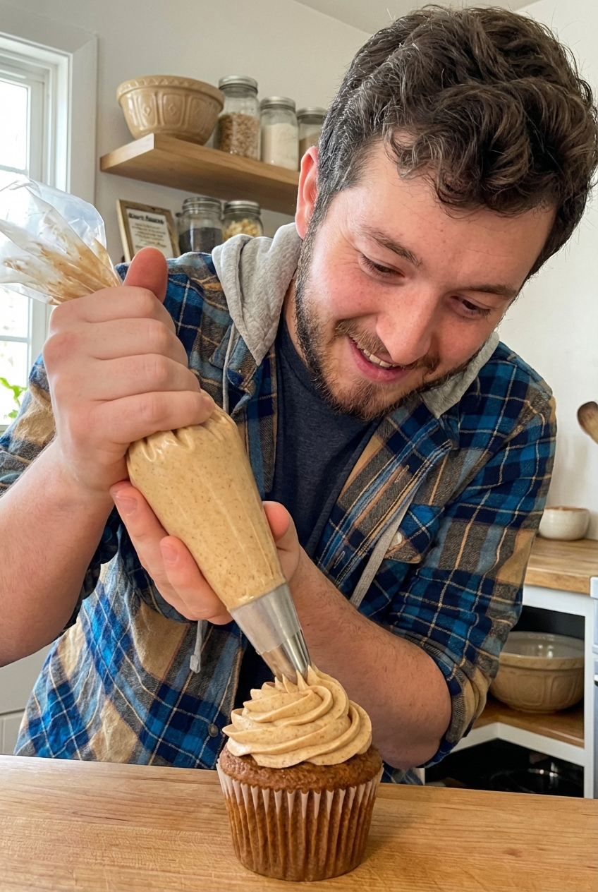 Earthy cream cheese frosting being piped onto a spiced cupcake
