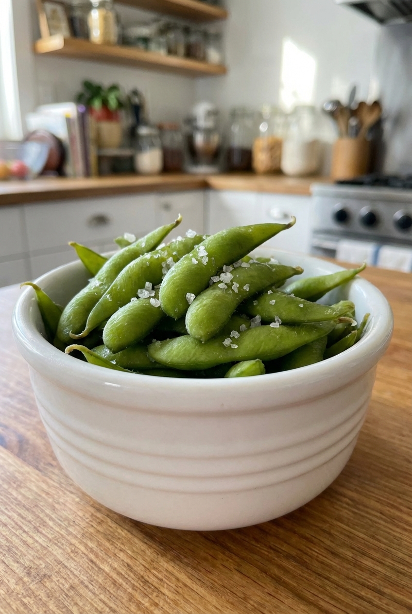 Edamame sprinkled with flaky salt in a white bowl