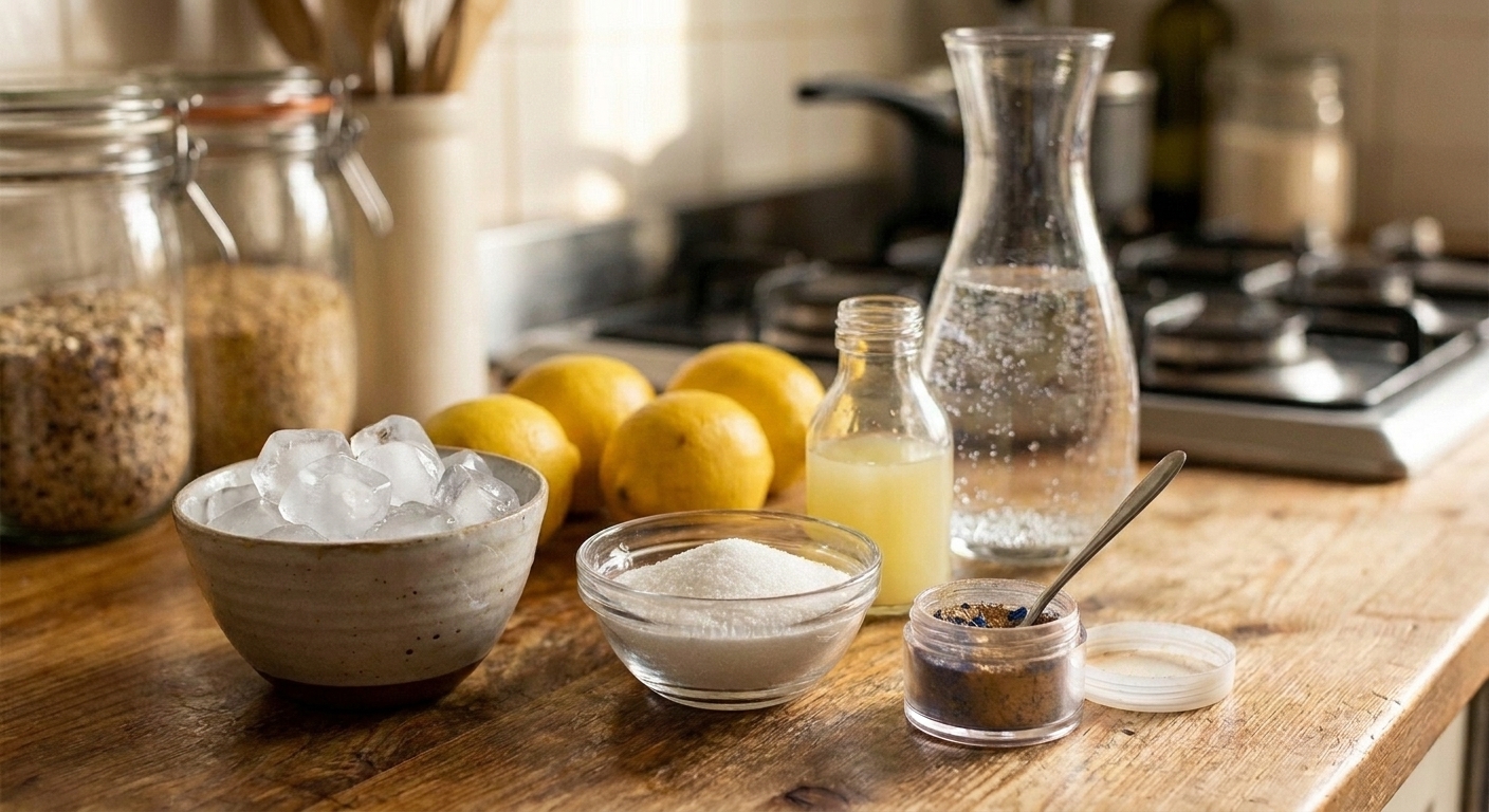 Edible luster dust, lemon juice, sugar, and ice on a kitchen counter ready for making a sparkly drink