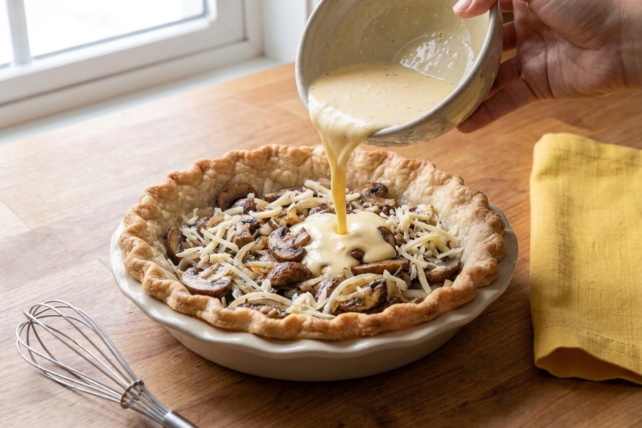Egg and cream custard being poured into a pie crust filled with mushrooms, onions, and shredded cheese on a kitchen counter