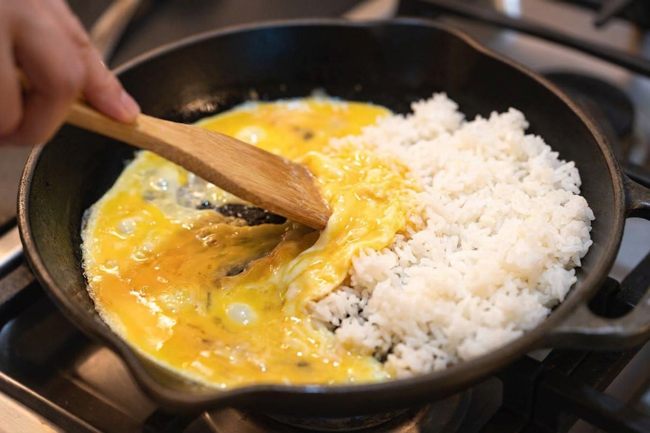Egg being scrambled in a skillet next to rice, then folded together with a spatula