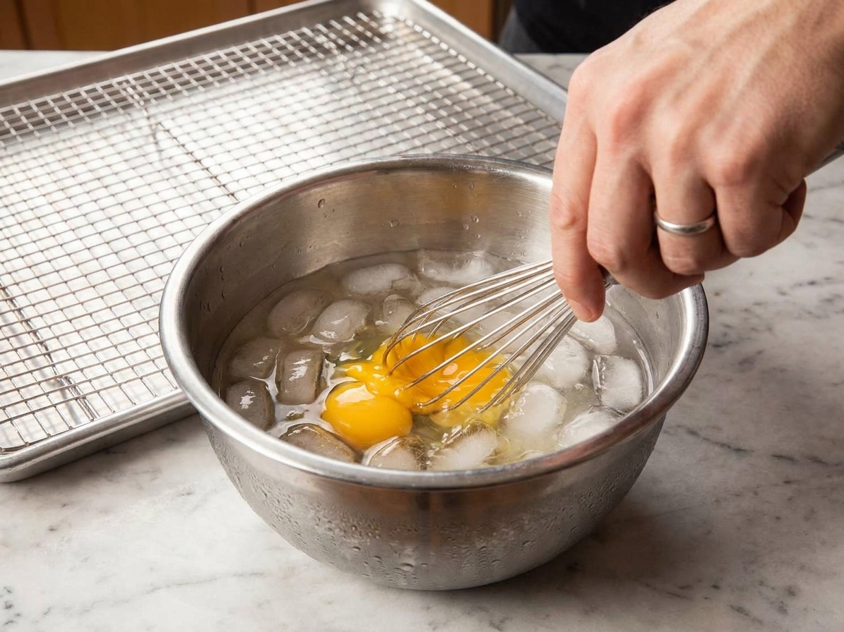 Egg being whisked into a bowl of ice-cold water on a kitchen counter