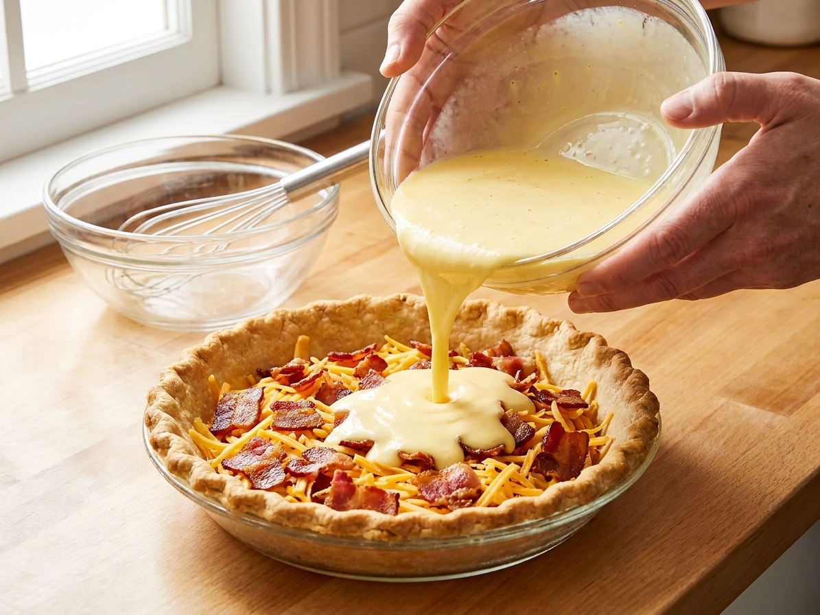 Egg custard being poured into a pre-baked pie crust filled with bacon and shredded cheese on a kitchen counter