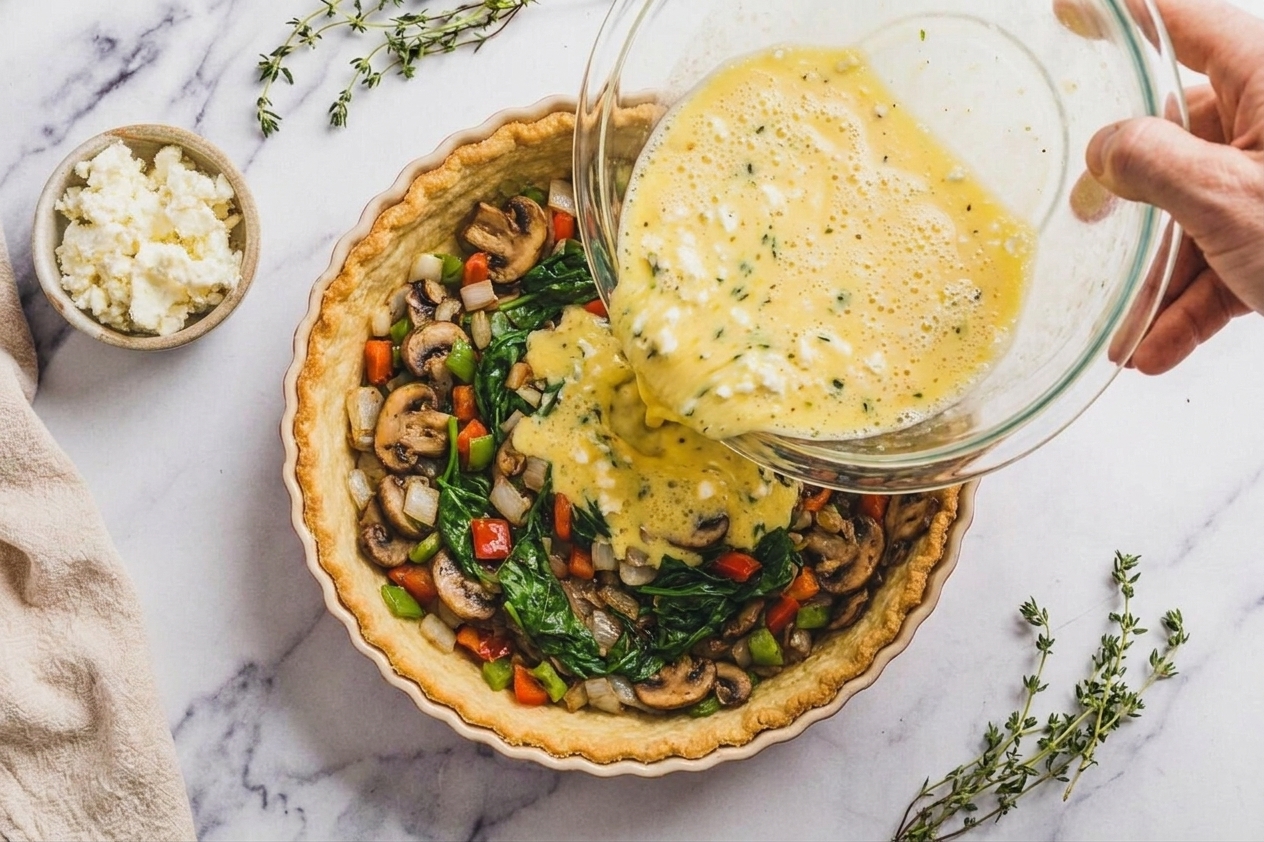 Egg custard being poured into a pre-baked pie crust filled with sautéed vegetables in a ceramic pie dish
