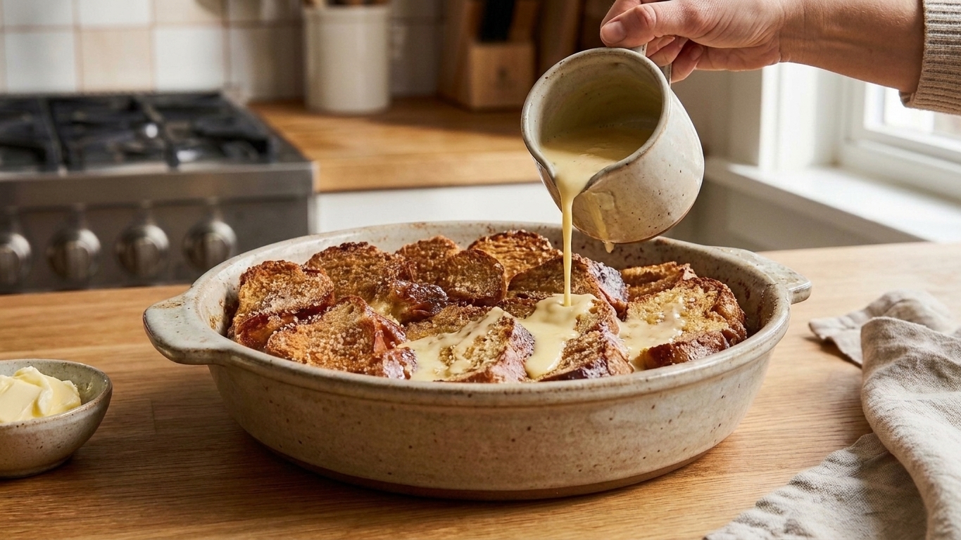 Egg custard being poured over cubed bread in a buttered baking dish on a kitchen counter
