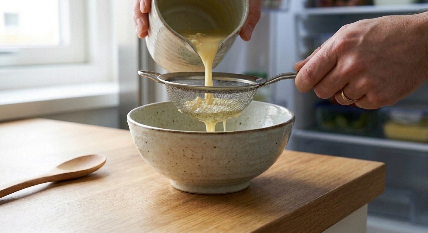 Egg custard mixture being poured through a fine-mesh strainer into a shallow ceramic bowl on a kitchen counter