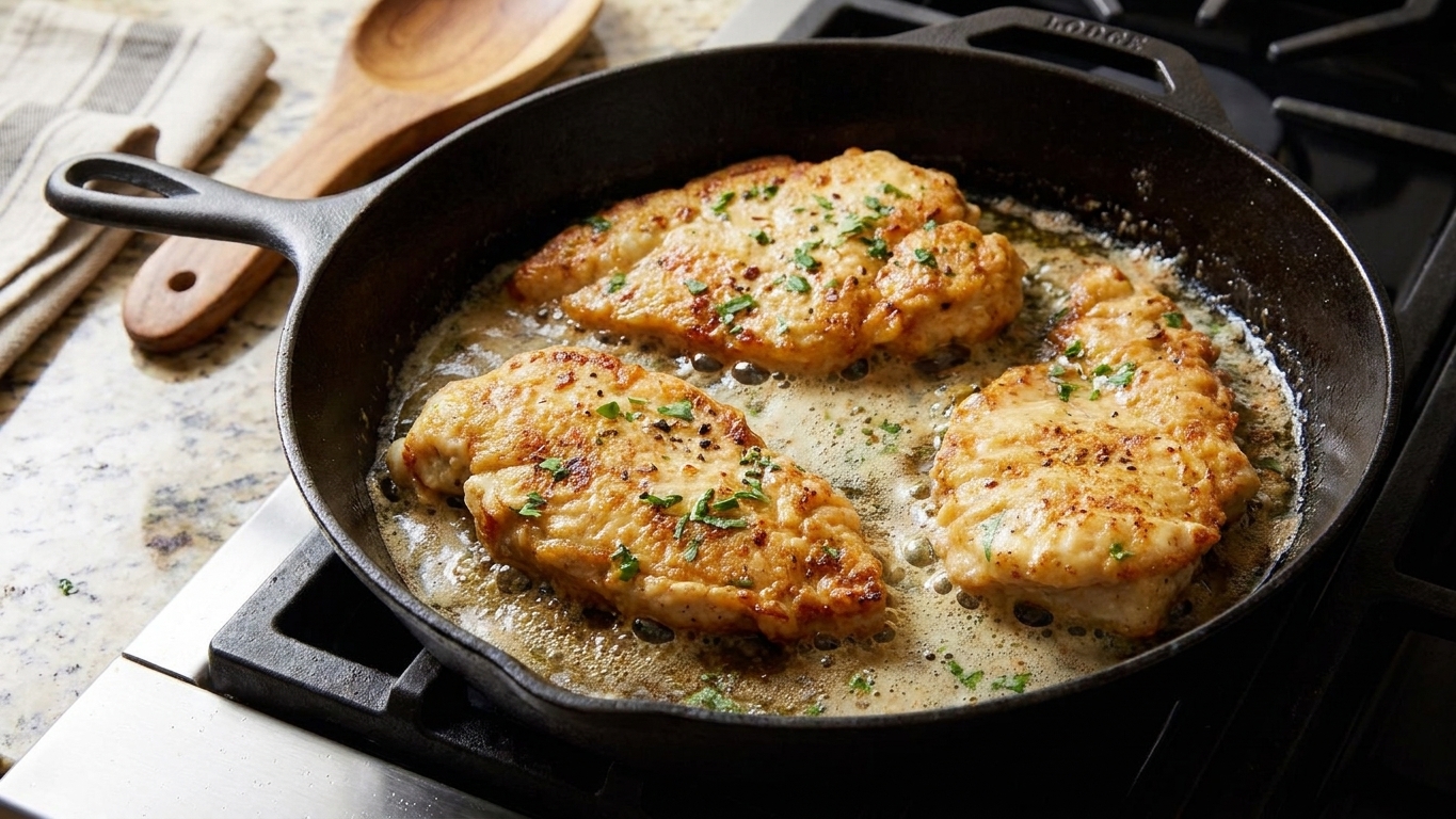 Egg-dipped chicken cutlets sizzling in a skillet with golden edges forming during pan-frying