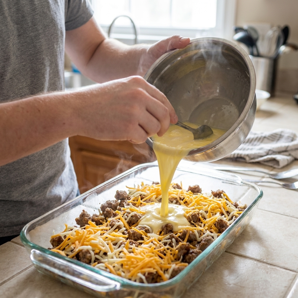 Egg mixture being poured into a baking dish over browned breakfast sausage and shredded cheese, close-up cooking photo