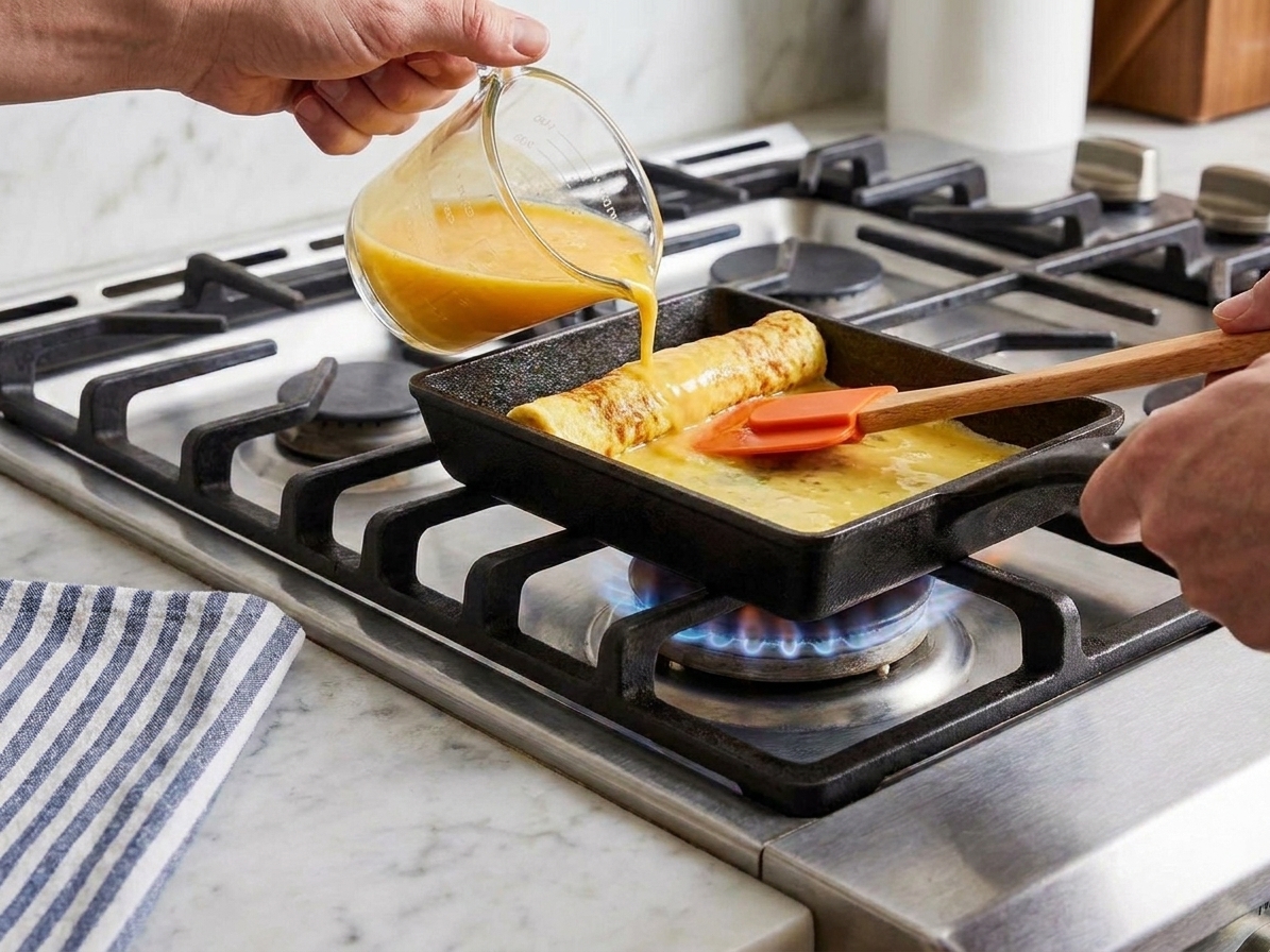 Egg mixture being poured into a pan while the partially rolled omelet is lifted slightly so the liquid runs underneath