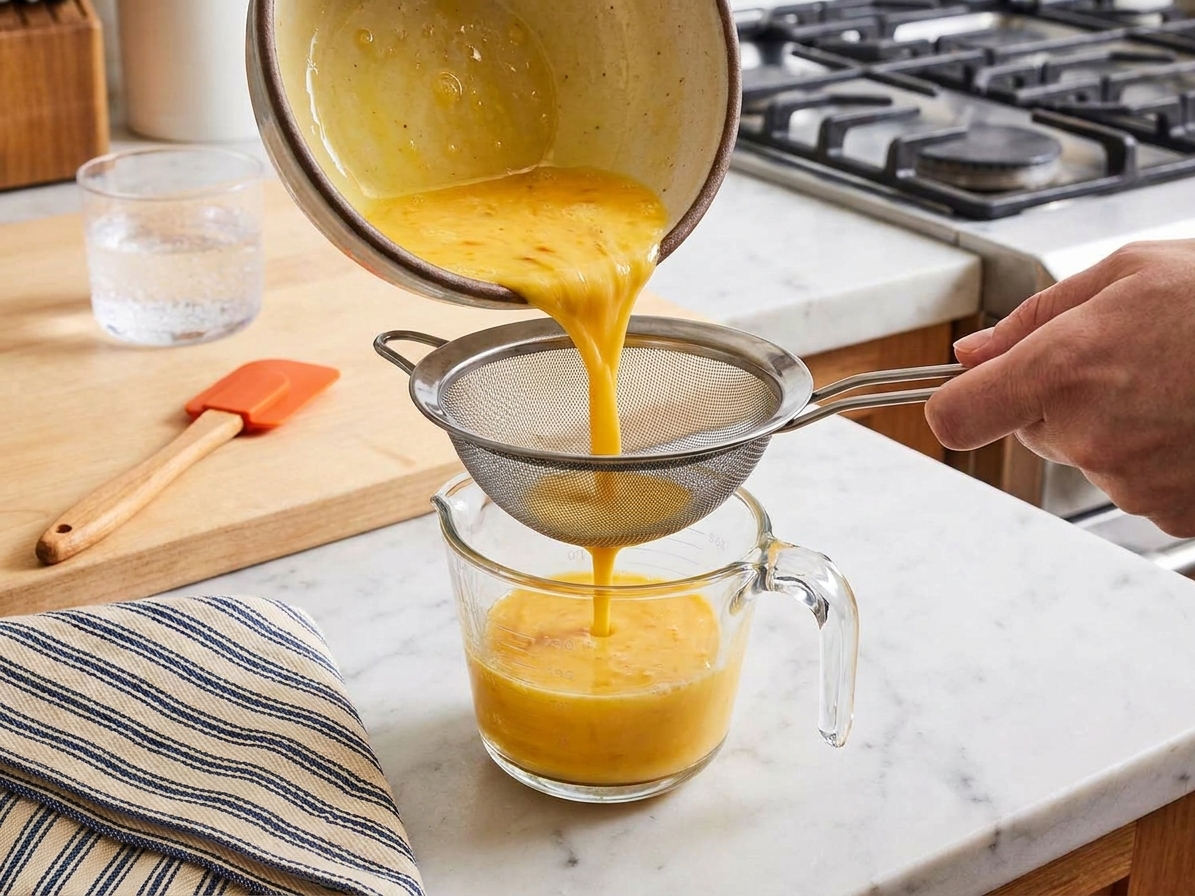 Egg mixture being poured through a fine-mesh sieve into a measuring cup on a kitchen counter