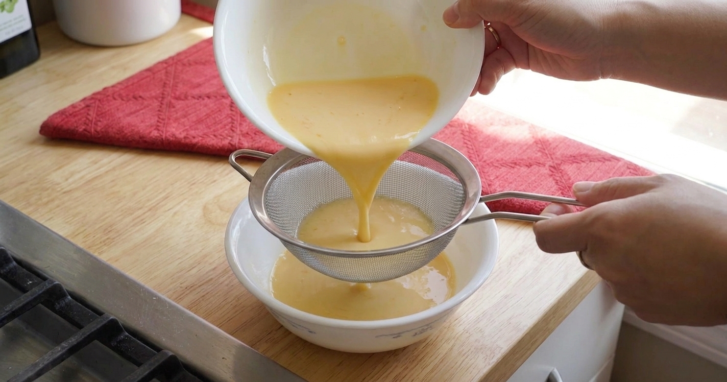 Egg mixture being poured through a fine-mesh strainer into a shallow ceramic bowl on a clean kitchen counter