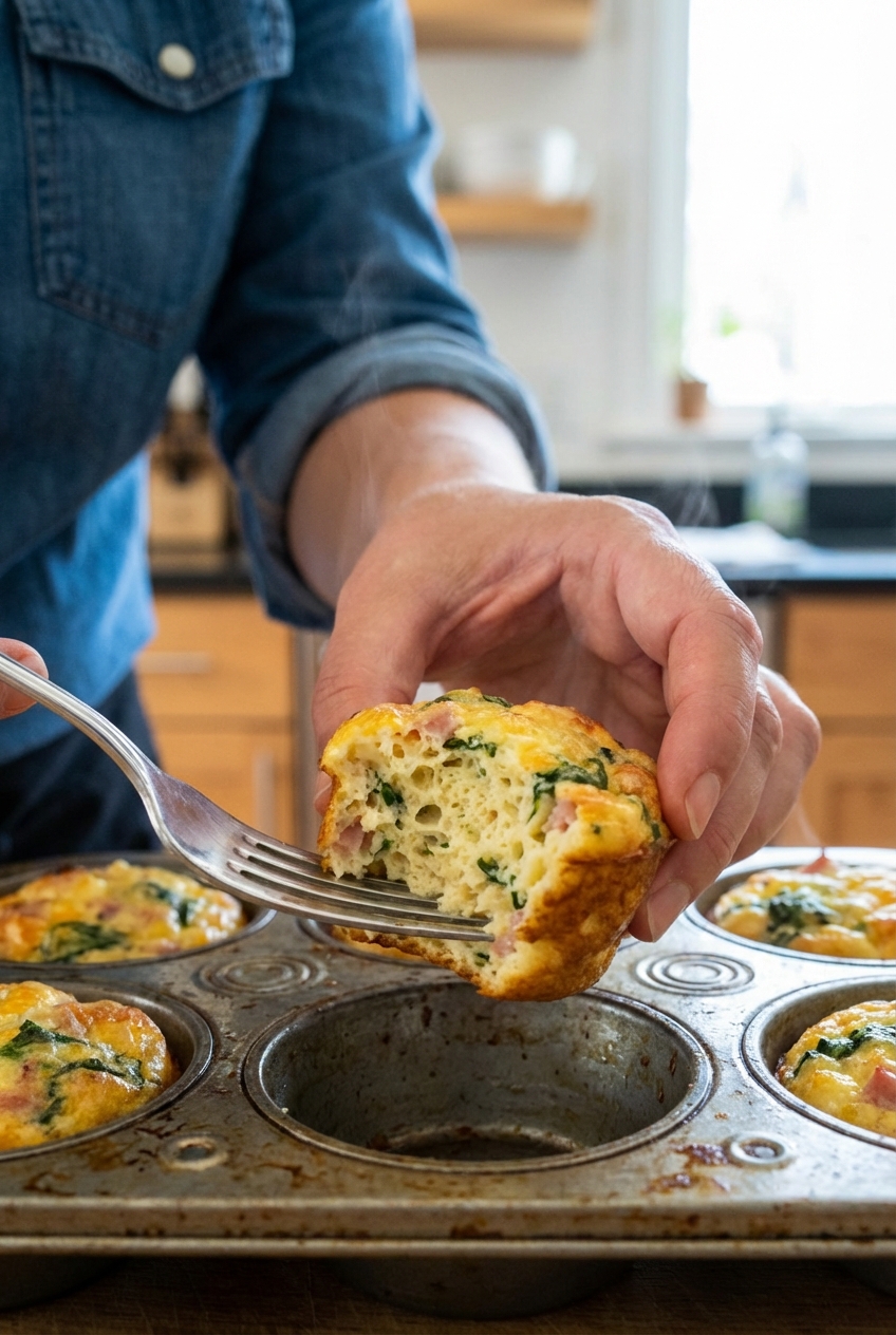 Egg muffin being lifted from a muffin tin with a fork, showing a fluffy interior