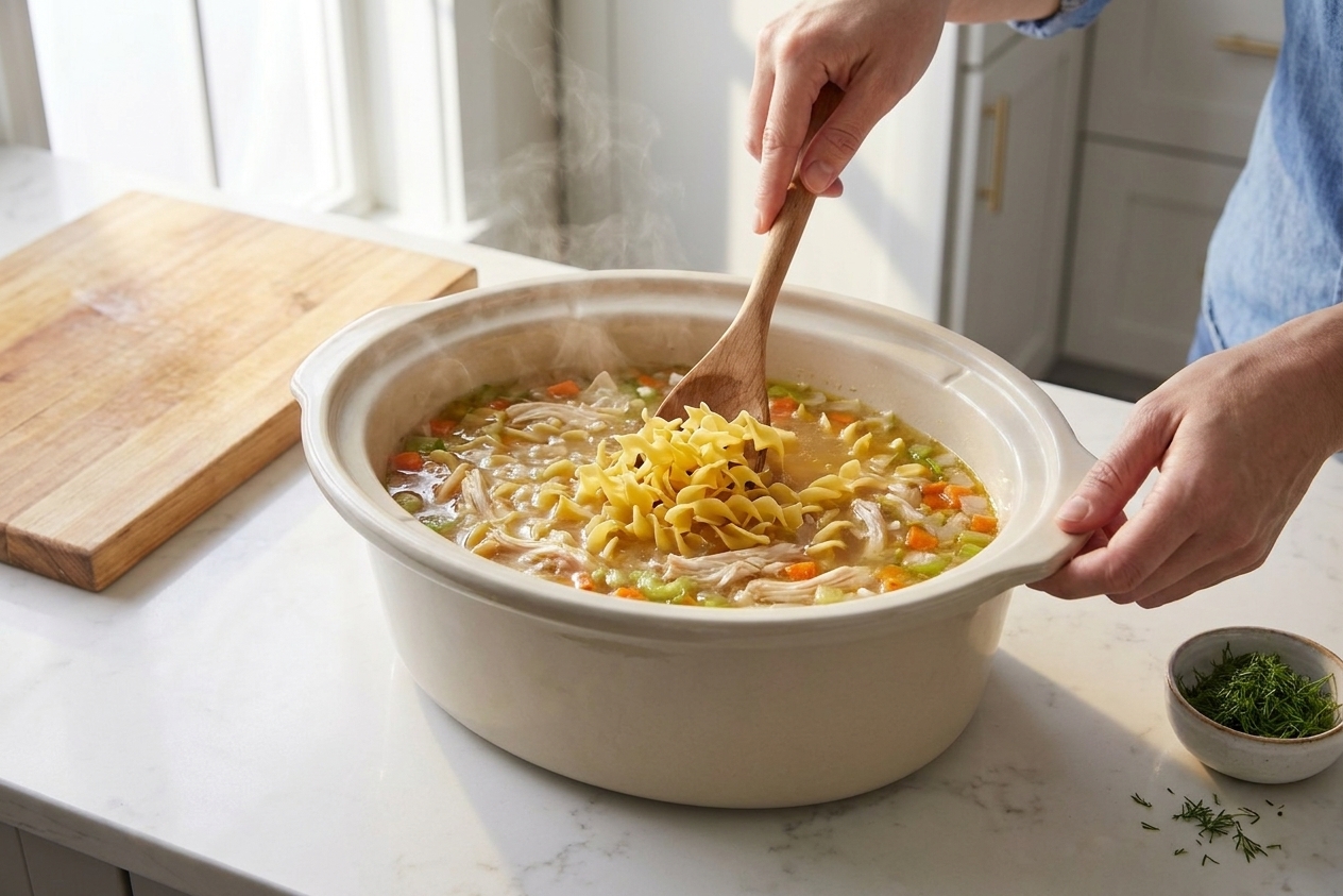 Egg noodles being stirred into hot chicken soup inside a slow cooker with a wooden spoon