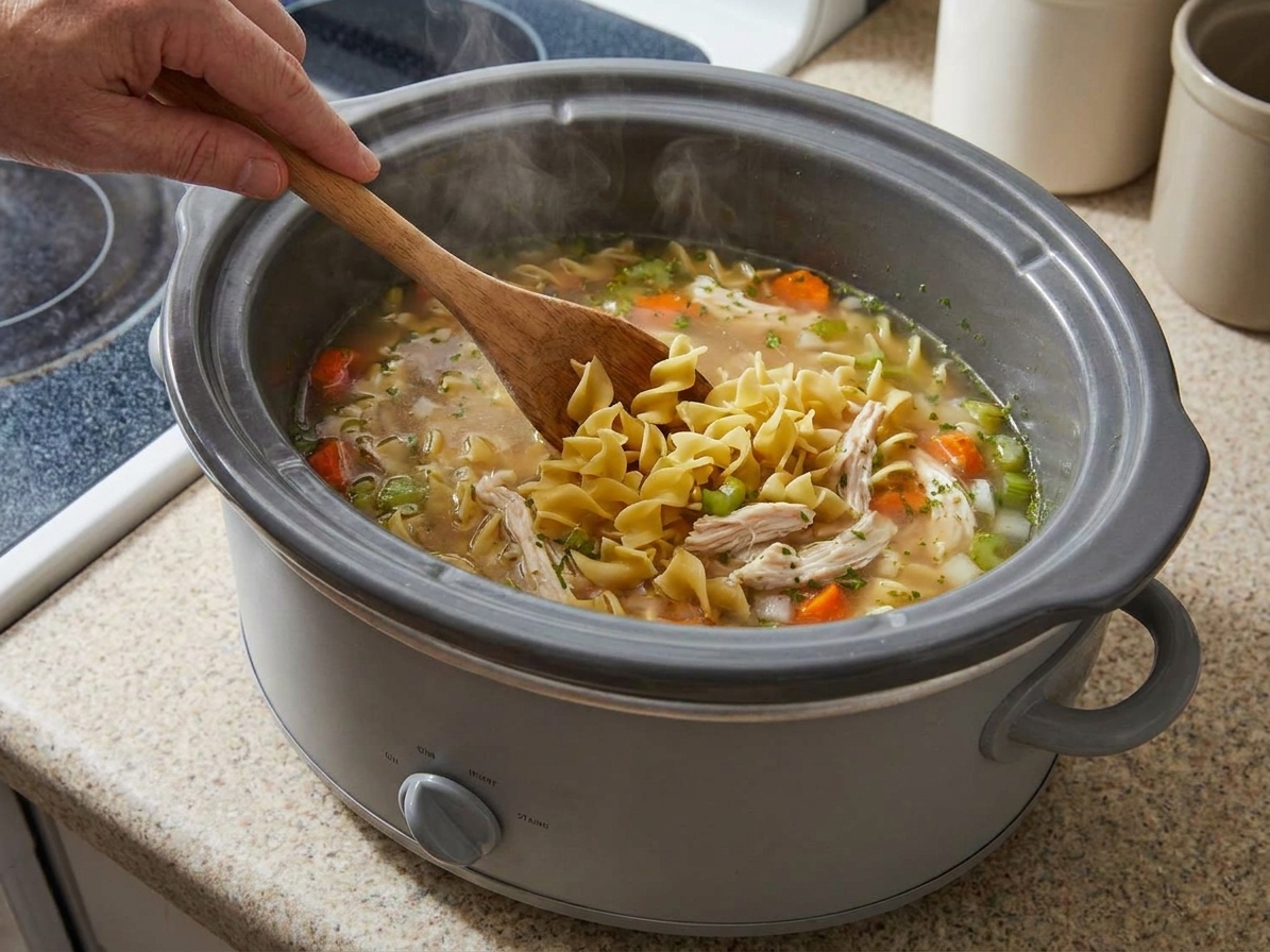 Egg noodles being stirred into hot chicken soup inside a slow cooker with a wooden spoon