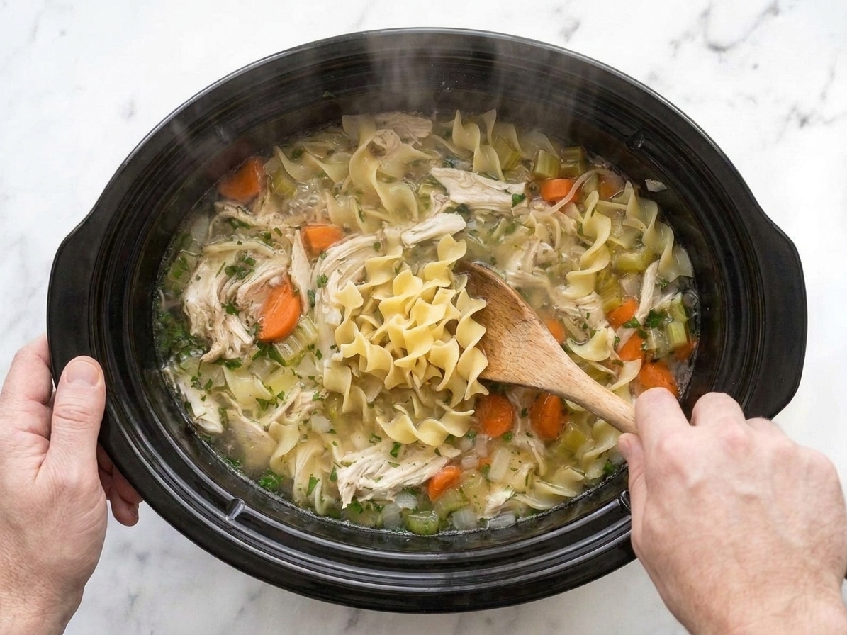 Egg noodles being stirred into hot chicken soup in a slow cooker with a wooden spoon
