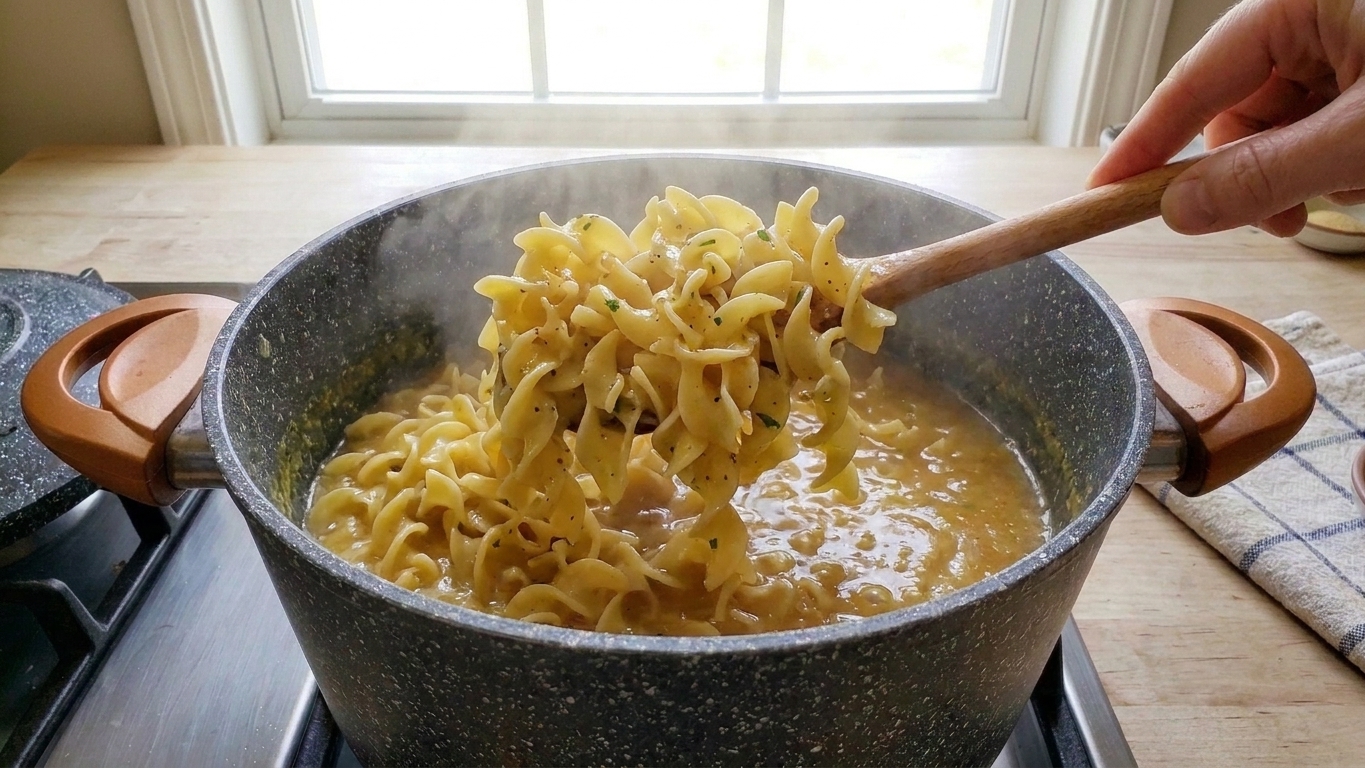 Egg noodles being tossed in a skillet with a glossy buttery bouillon sauce on a stovetop