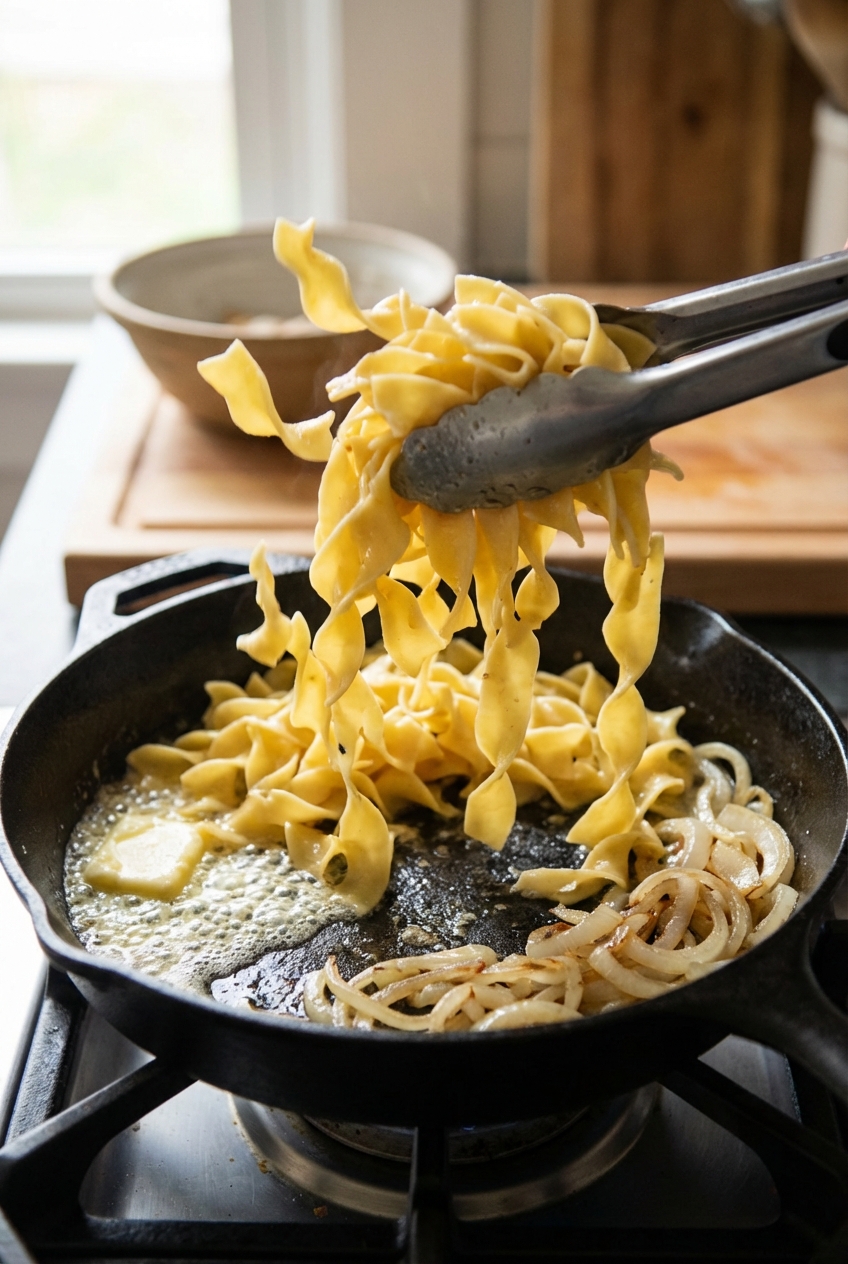 Egg noodles being tossed in a skillet with butter and onions using tongs