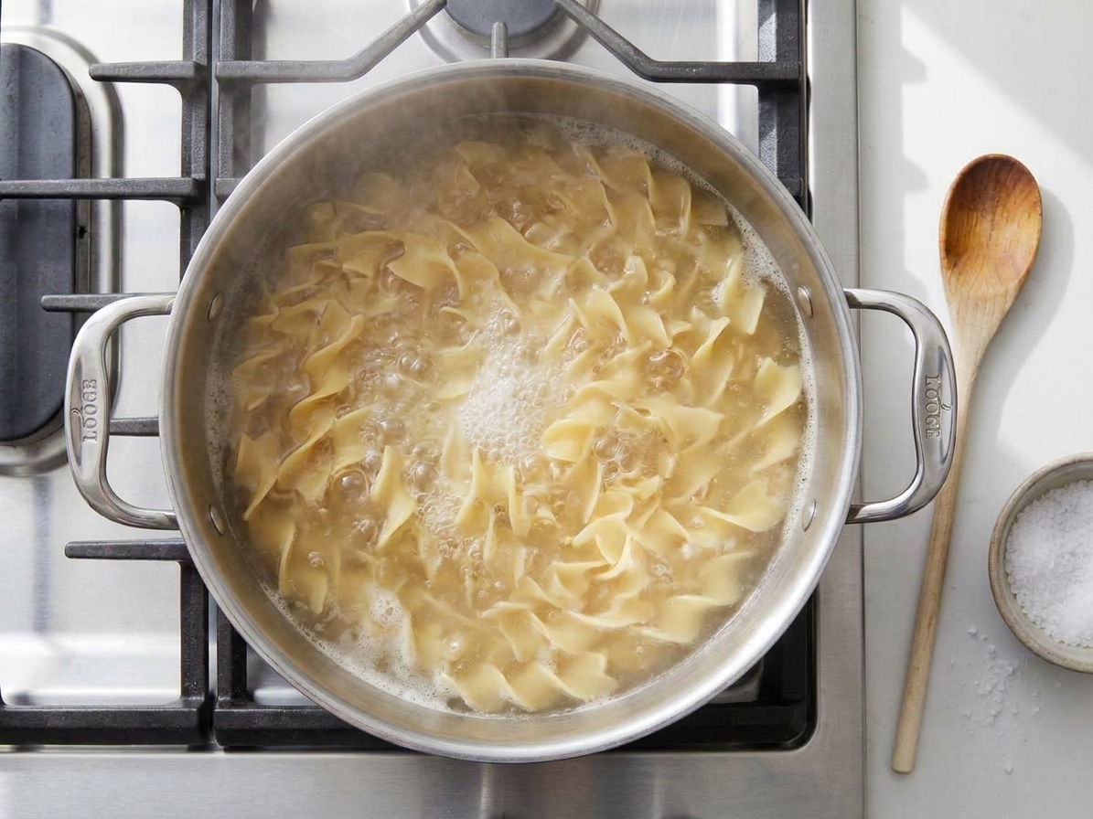 Egg noodles boiling in a large pot of salted water on a stovetop