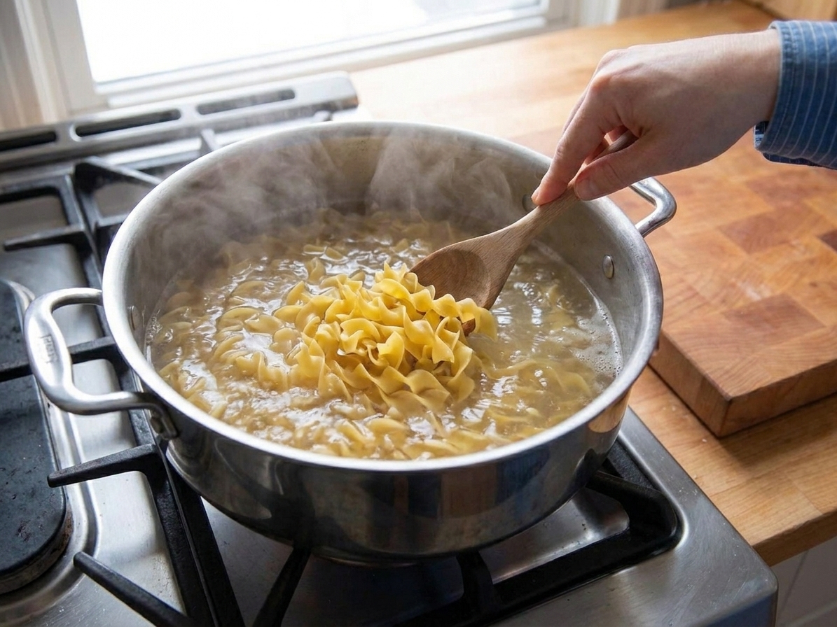 Egg noodles boiling in a pot of salted water on a stovetop