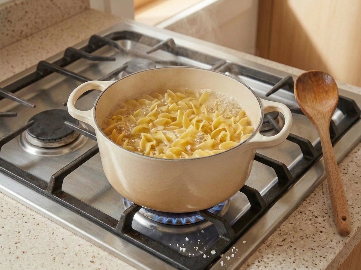 Egg noodles boiling in a small pot of salted water on a stovetop