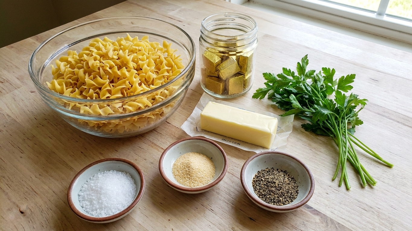 Egg noodles, butter, chicken bouillon, garlic powder, black pepper, and parsley arranged on a light kitchen counter with a small bowl of salt