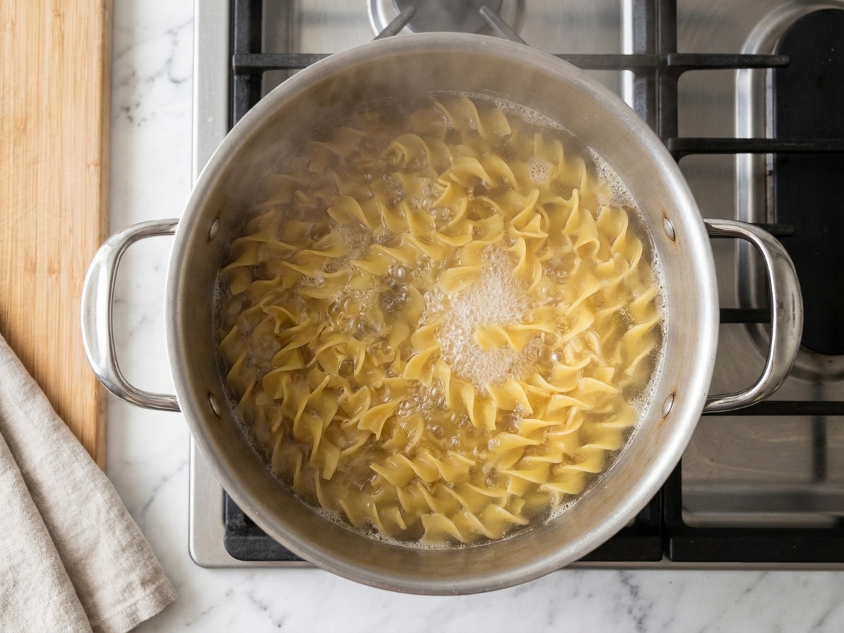 Egg noodles cooking in a pot of boiling water on a stovetop