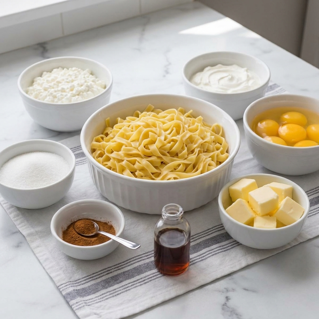 Egg noodles, cottage cheese, sour cream, eggs, sugar, butter, cinnamon, and vanilla arranged on a clean kitchen counter in matching bowls