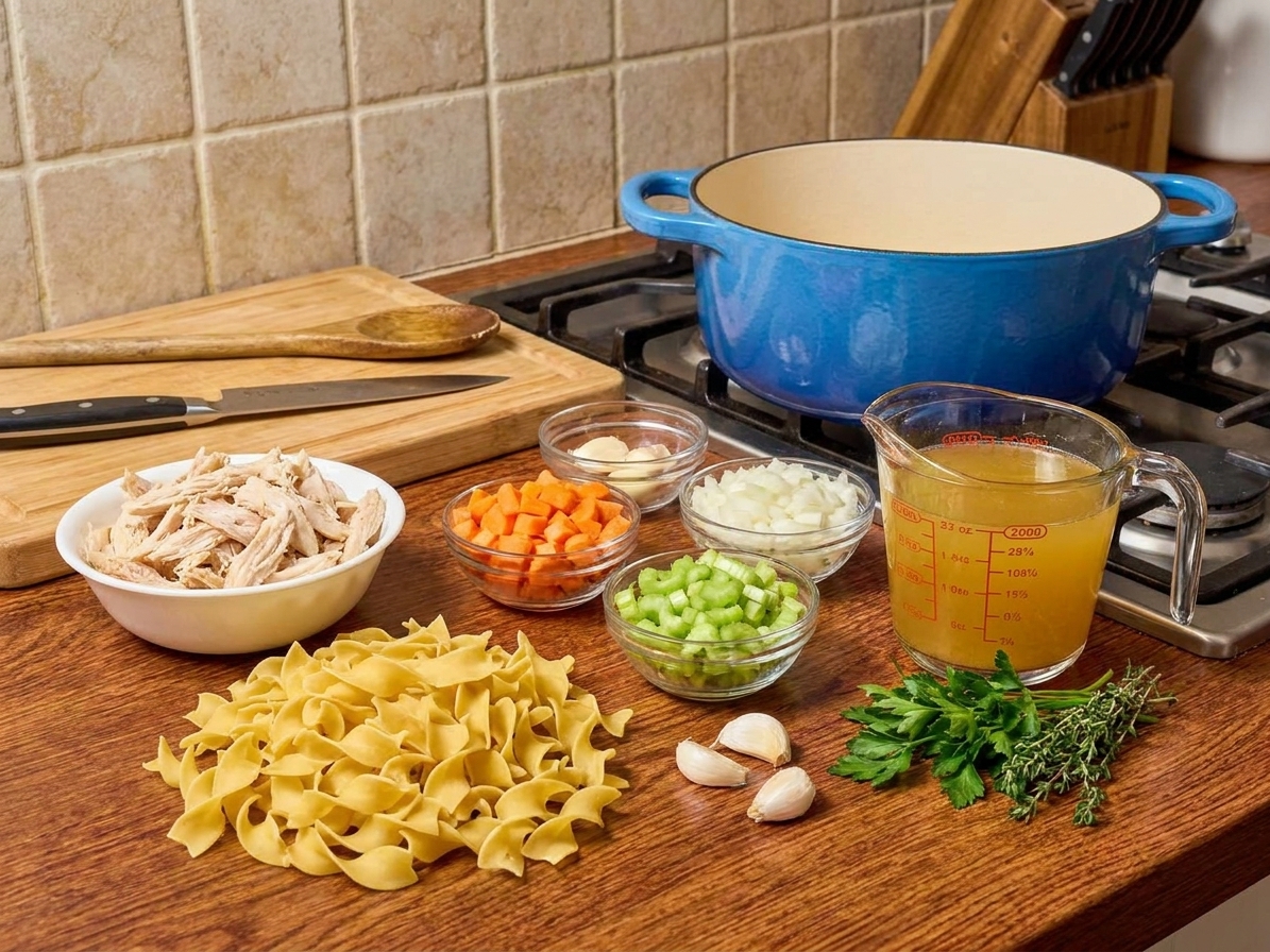 Egg noodles, shredded cooked chicken, carrots, celery, onion, garlic, chicken broth, and herbs arranged on a clean kitchen counter in natural light
