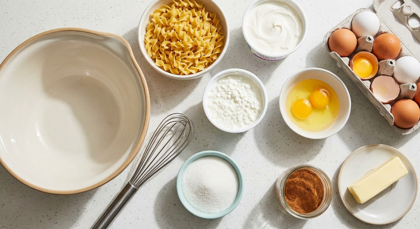 Egg noodles, sour cream, cottage cheese, eggs, sugar, cinnamon, and butter measured on a bright kitchen counter with a mixing bowl and whisk ready