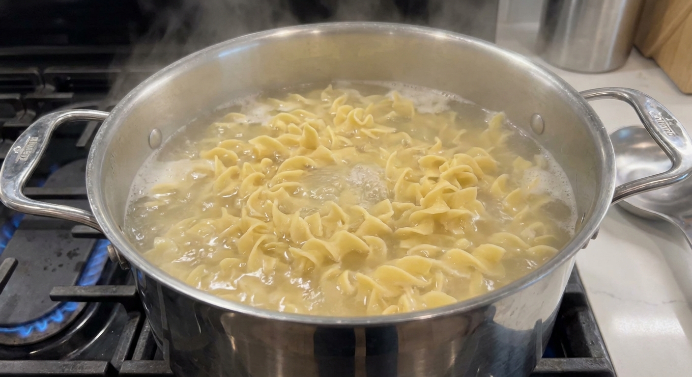 Egg noodles swirling in a pot of actively boiling salted water