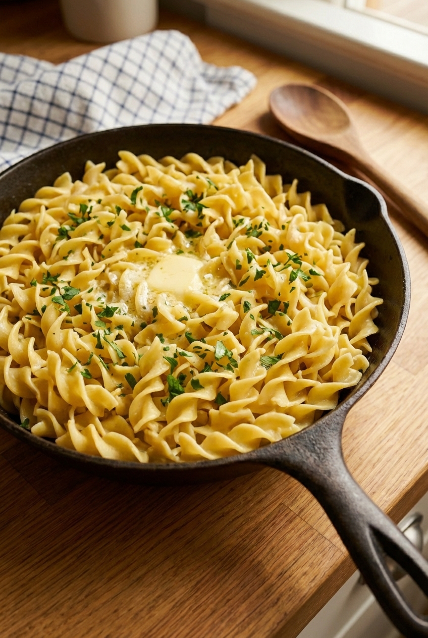 Egg noodles tossed with butter and parsley in a skillet