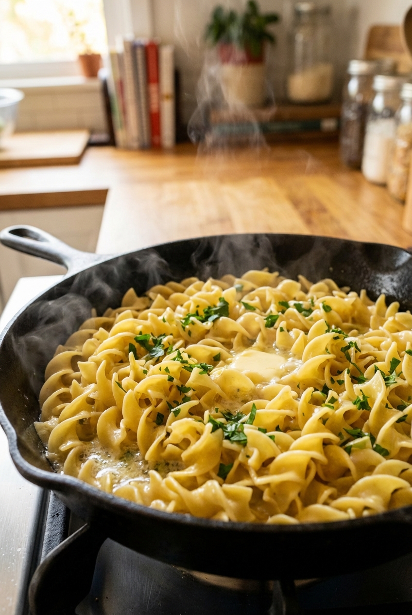 Egg noodles tossed with butter and parsley in a skillet