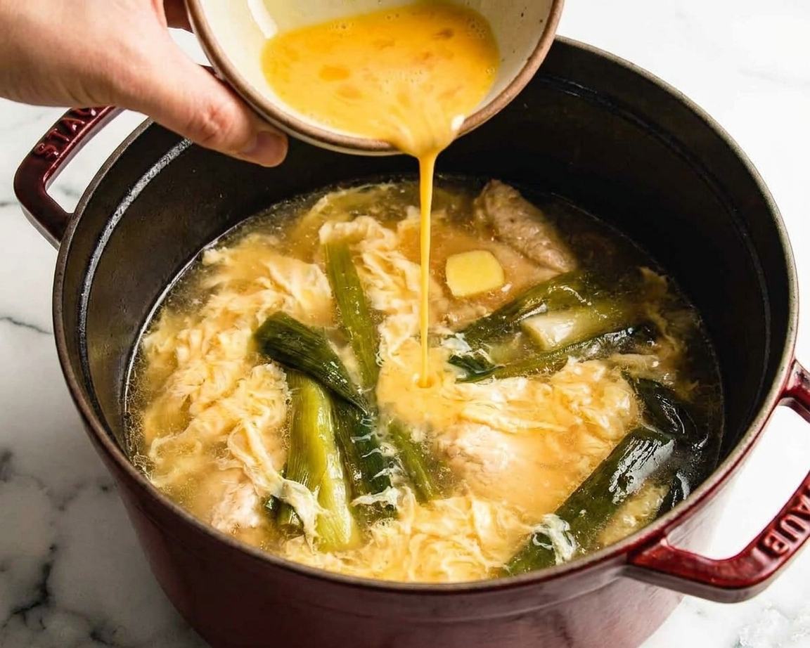 Egg ribbons setting in a pot of lightly thickened broth as beaten egg is poured in a thin stream
