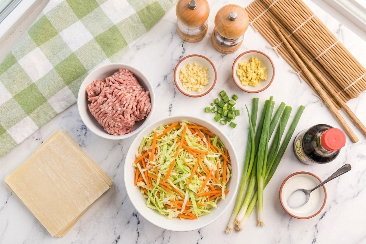 Egg roll ingredients arranged on a light kitchen counter including egg roll wrappers, ground pork, shredded cabbage, carrots, green onions, garlic, ginger, soy sauce, and a small bowl of cornstarch slurry