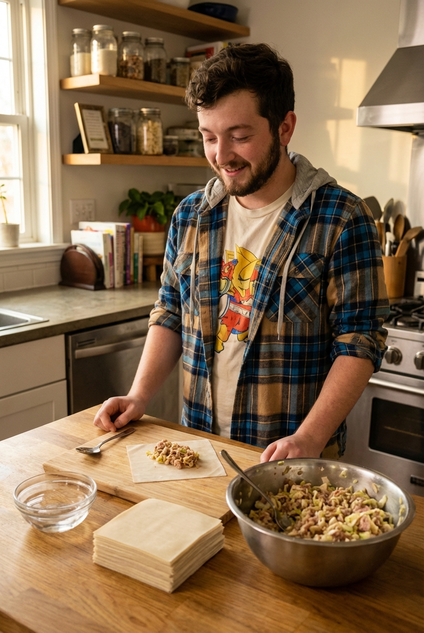 Egg roll wrappers and a bowl of pork and cabbage filling set up on a kitchen counter for rolling