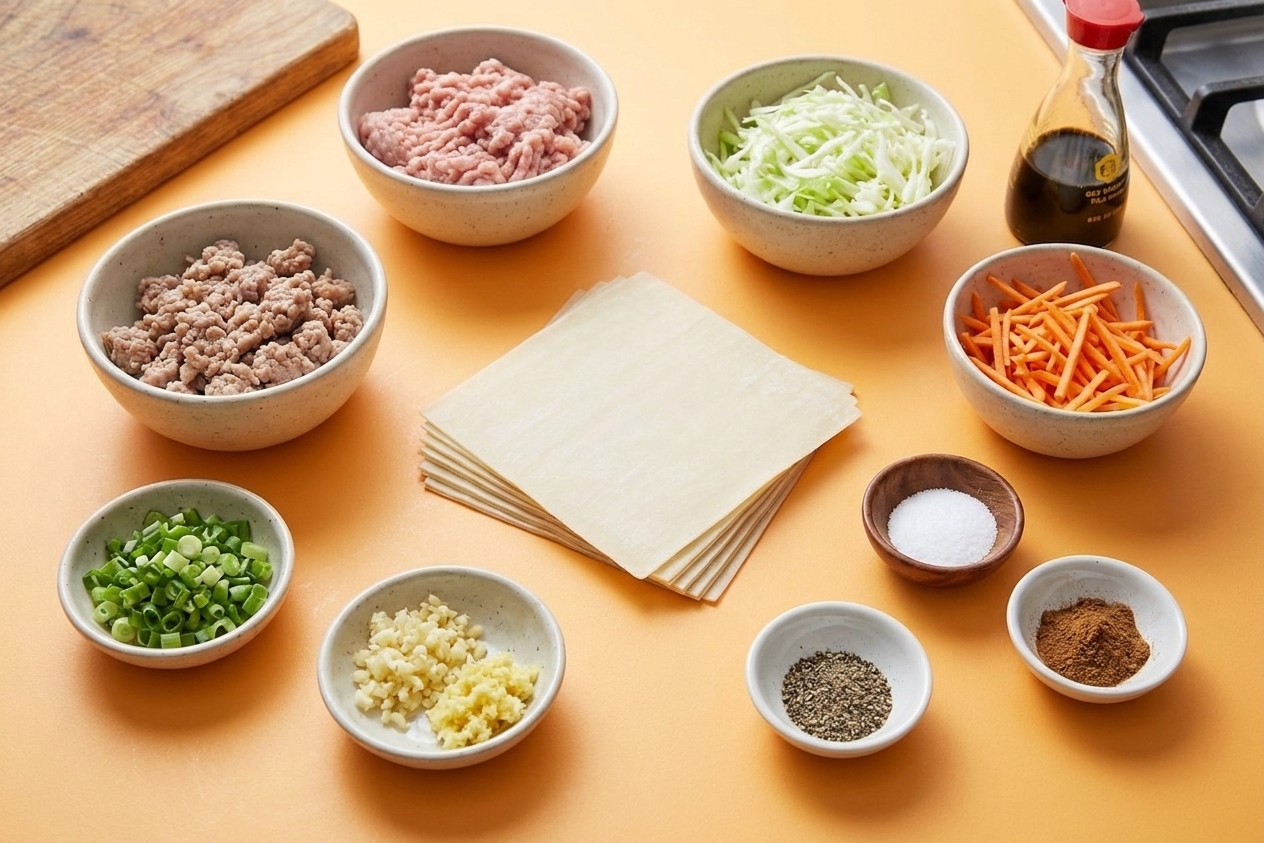 Egg roll wrappers, ground pork, shredded cabbage, carrots, scallions, garlic, ginger, soy sauce, and small bowls of seasonings arranged on a bright kitchen counter
