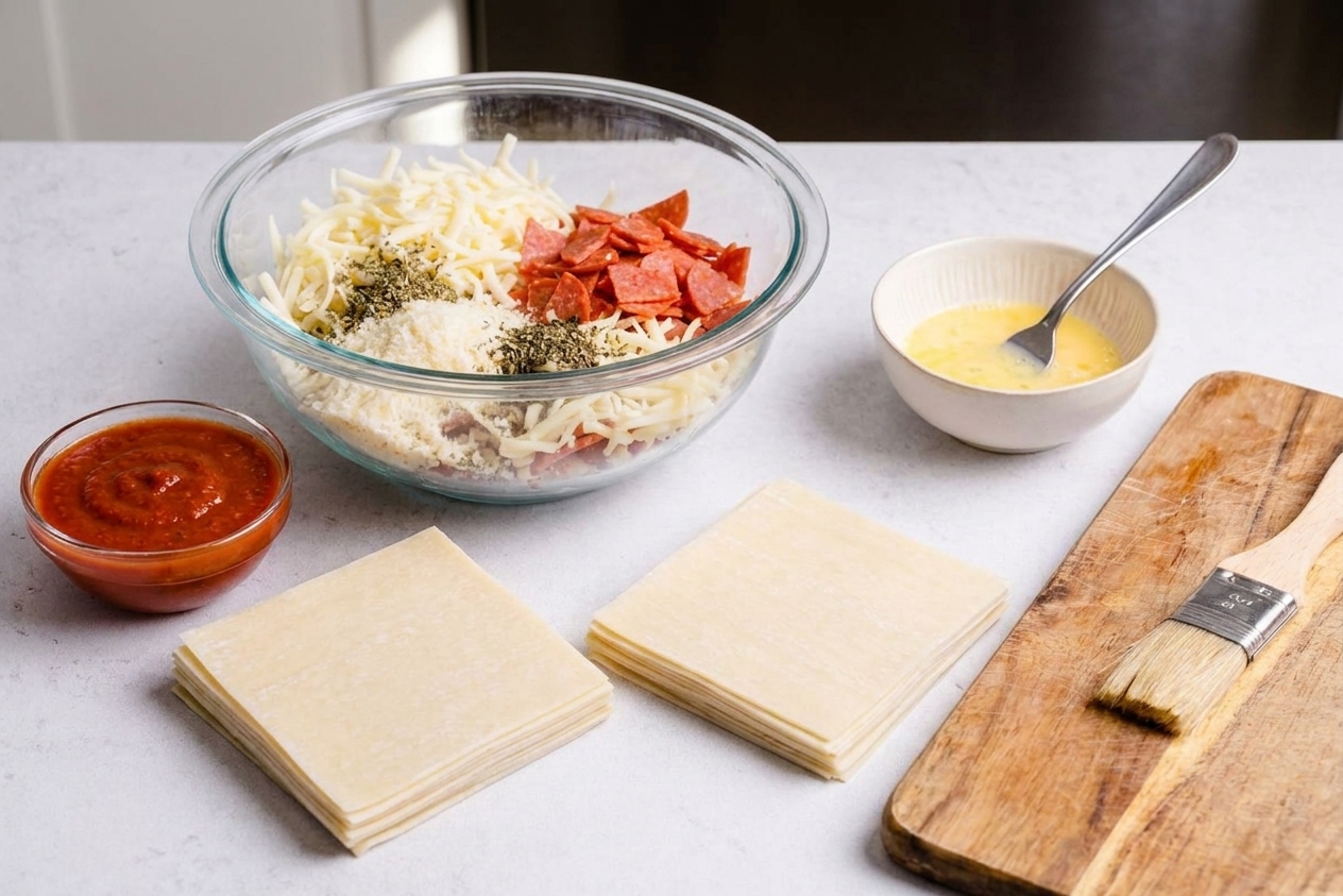 Egg roll wrappers, mozzarella, pepperoni, marinara, Parmesan, and seasonings arranged on a clean kitchen counter with a mixing bowl nearby