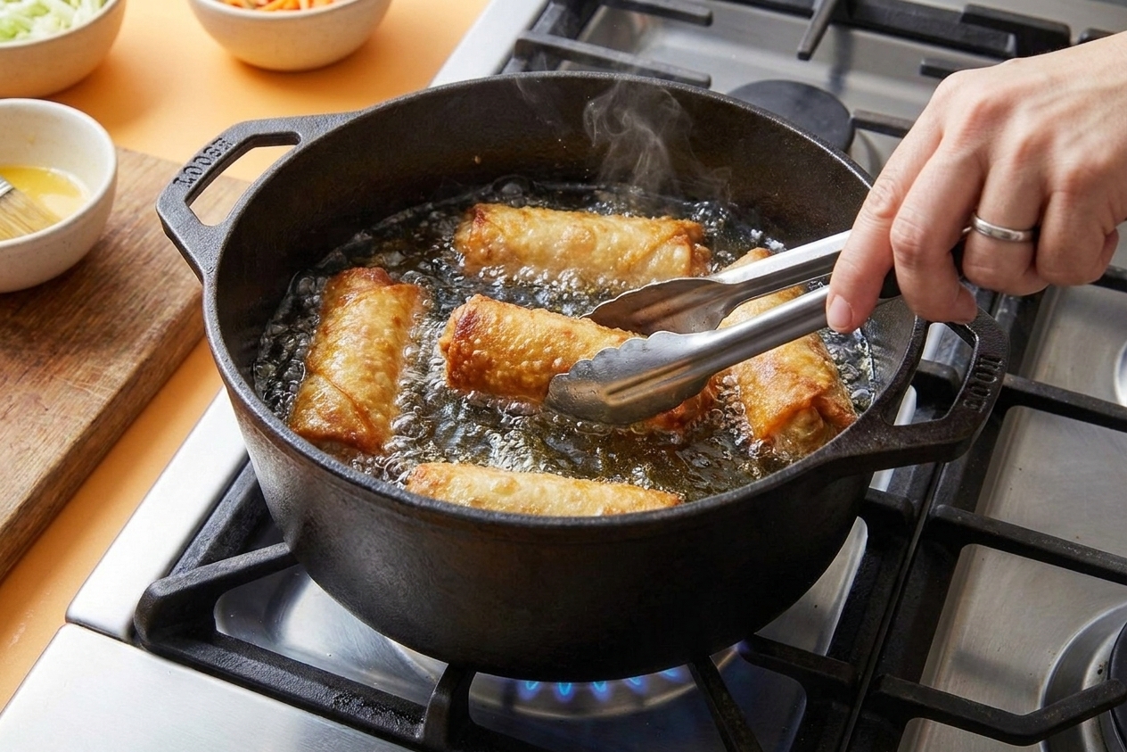 Egg rolls bubbling in hot oil inside a deep pot on a stovetop while being turned with tongs