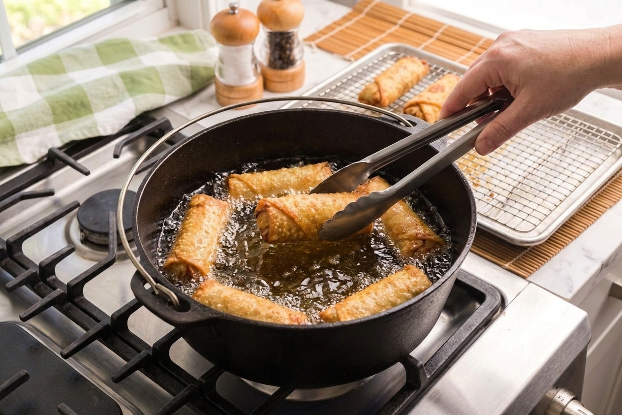 Egg rolls frying in bubbling oil in a Dutch oven on a stovetop with tongs nearby