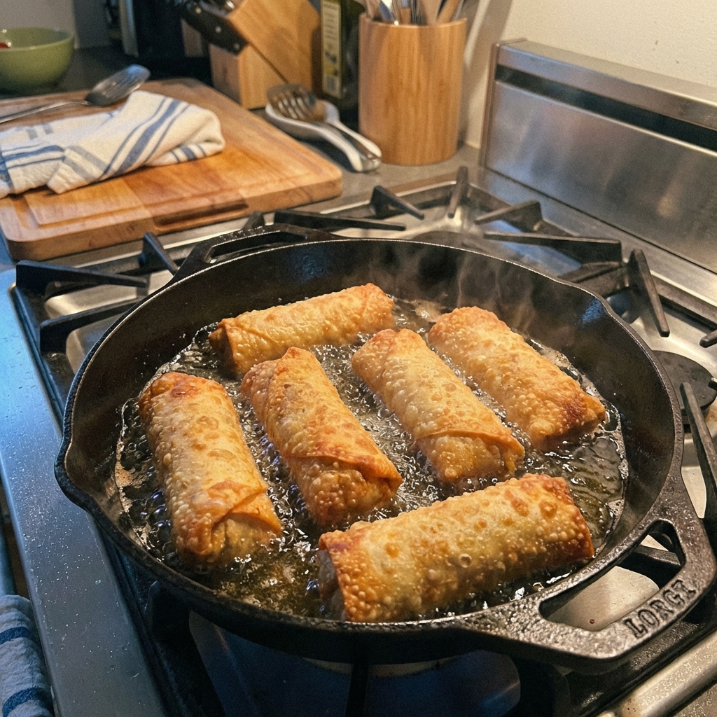 Egg rolls frying in hot oil in a deep skillet, turning golden brown
