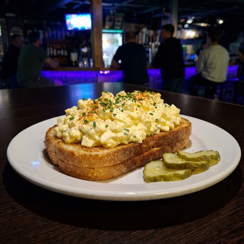 Egg salad piled onto toasted sourdough on a plate with sliced pickles on the side