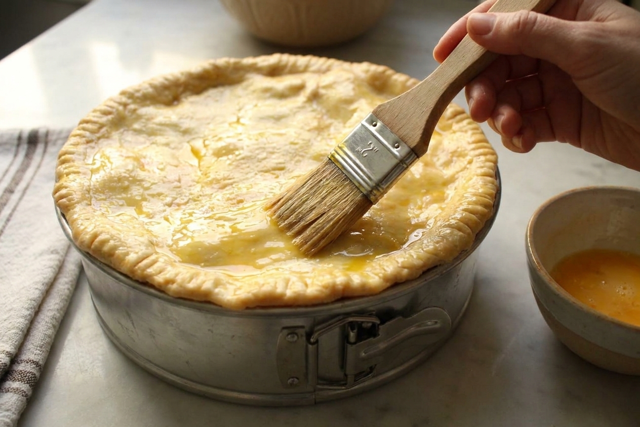 Egg wash being brushed over the top crust of a savory pie in a springform pan on a light stone kitchen counter