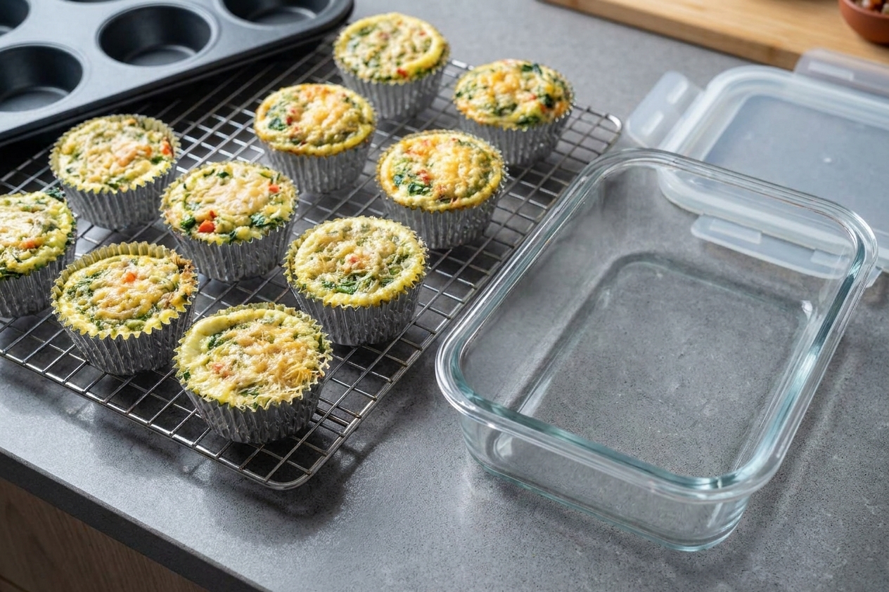 Egg white bites cooling on a wire rack next to an open meal prep container on a tidy kitchen counter