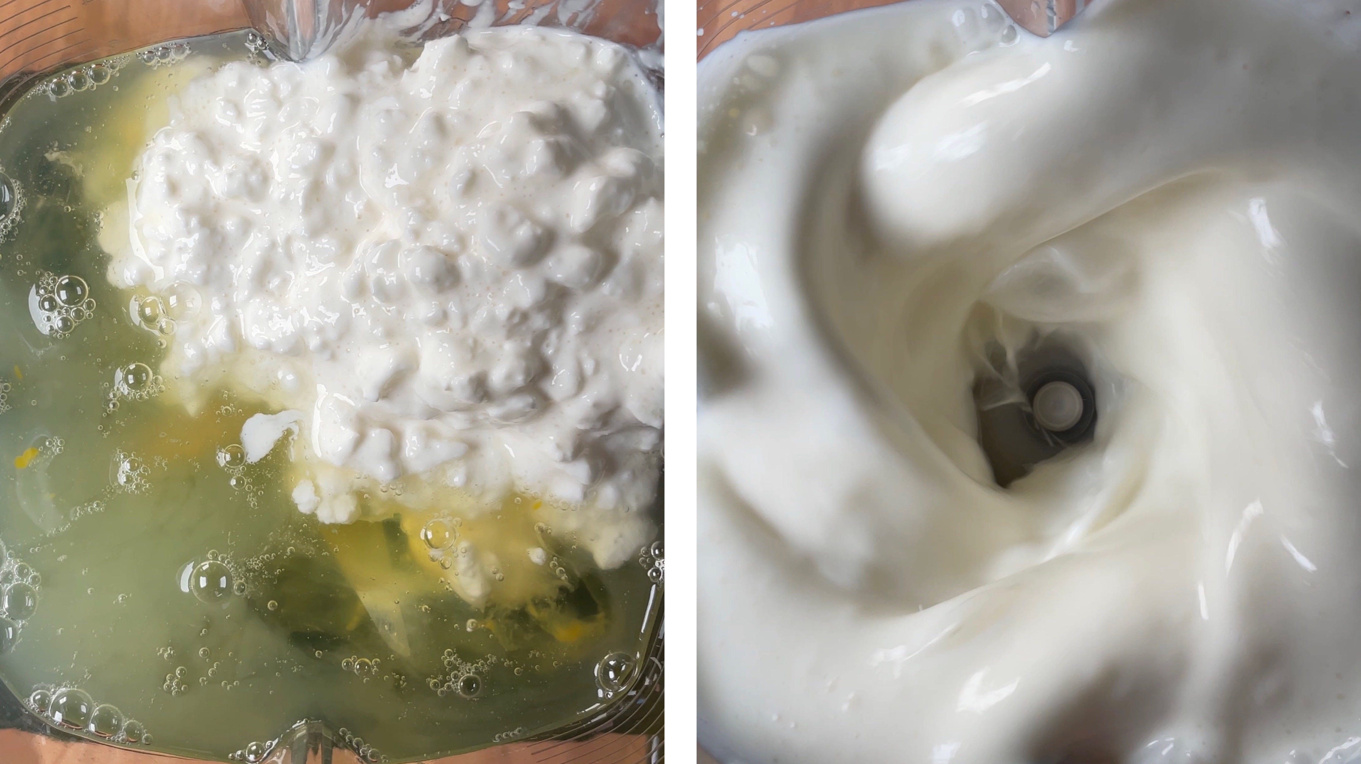 Egg whites and cottage cheese being blended in a countertop blender, with the lid on and ingredients swirling into a smooth pale mixture