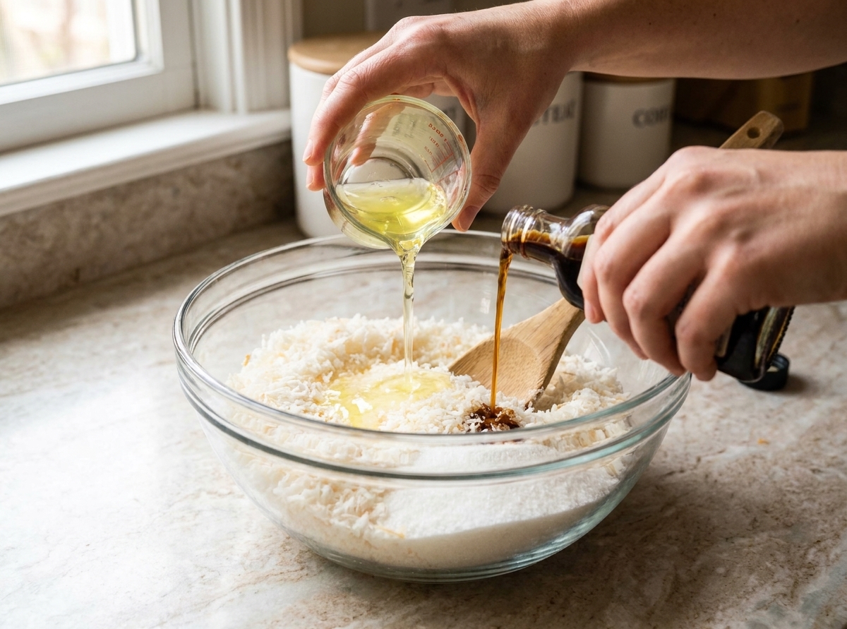 Egg whites and vanilla being poured into a mixing bowl of shredded coconut and sugar on a kitchen counter as the mixture is stirred