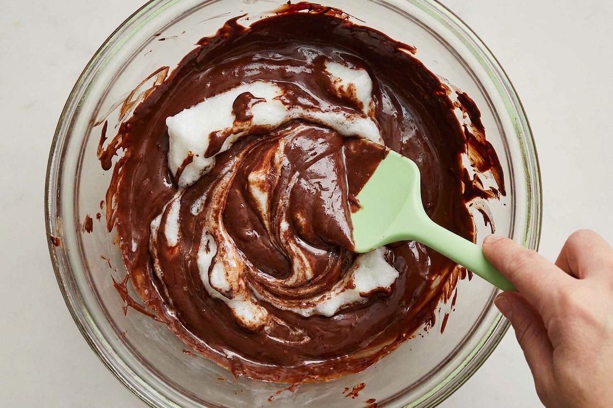 Egg whites being folded into chocolate cake batter with a rubber spatula in a mixing bowl