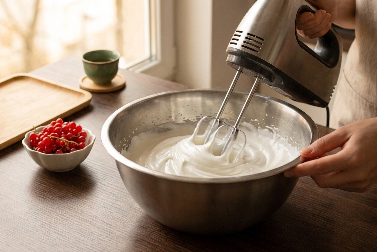 Egg whites being whipped into glossy meringue in a metal mixing bowl with a hand mixer on a kitchen counter