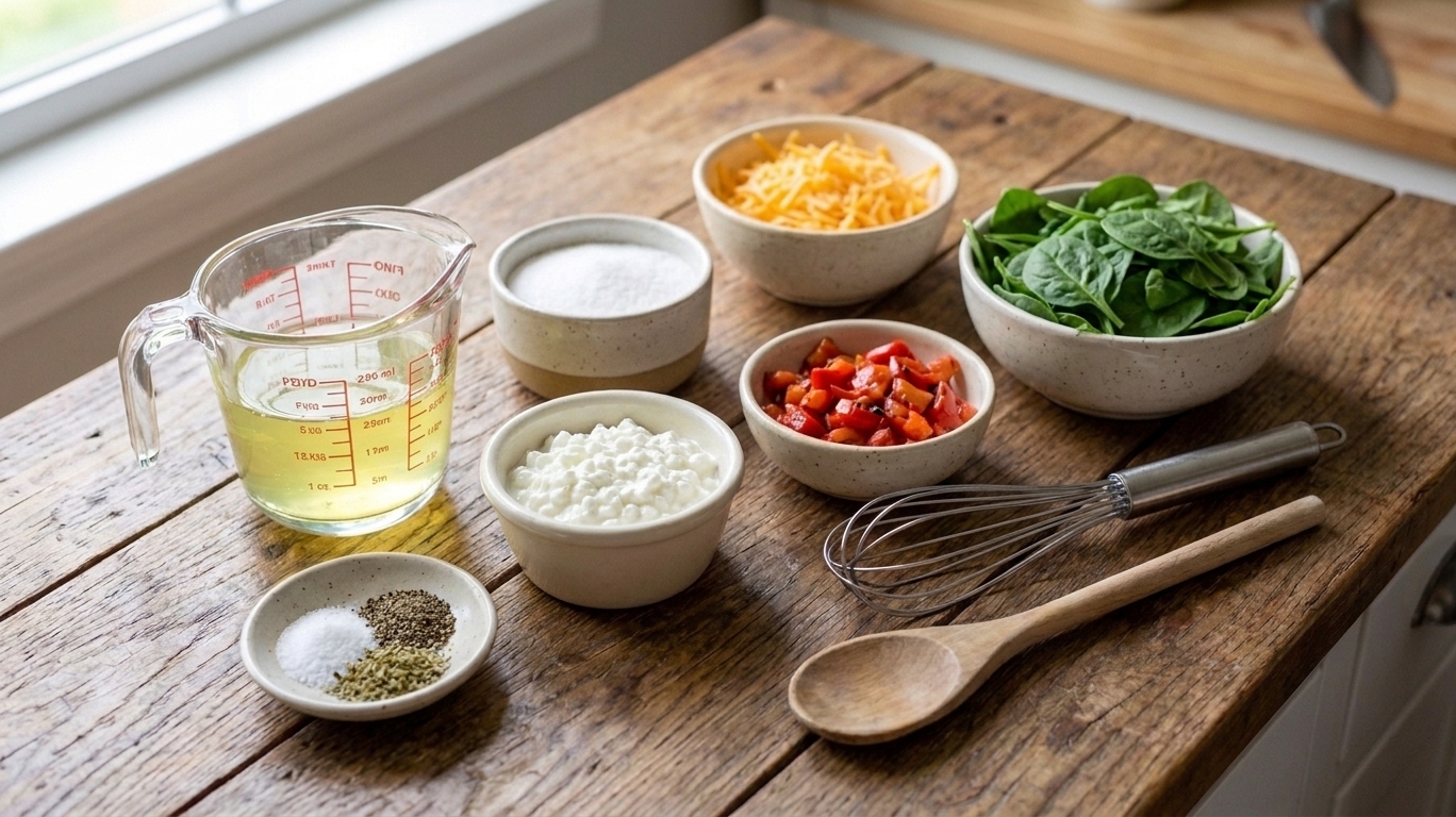 Egg whites, cottage cheese, shredded cheese, fresh spinach, chopped roasted red peppers, and seasonings arranged on a bright kitchen counter