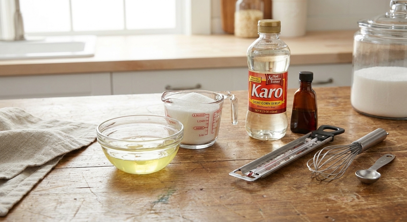Egg whites in a small bowl beside measured sugar, corn syrup, vanilla, and a candy thermometer on a clean kitchen counter