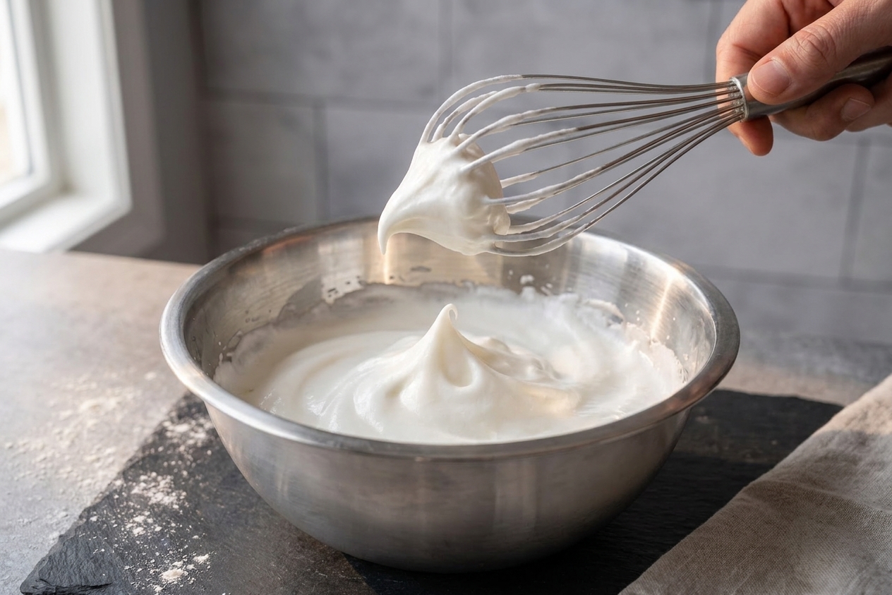 Egg whites whipped to glossy medium peaks in a stainless steel bowl on a kitchen counter